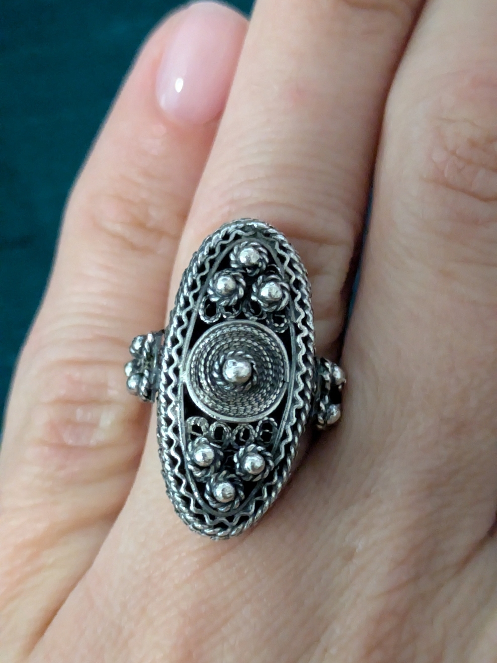 Silver Oval Ornate Cocktail Statement Ring Size 7 No Stone Metal Filigree
